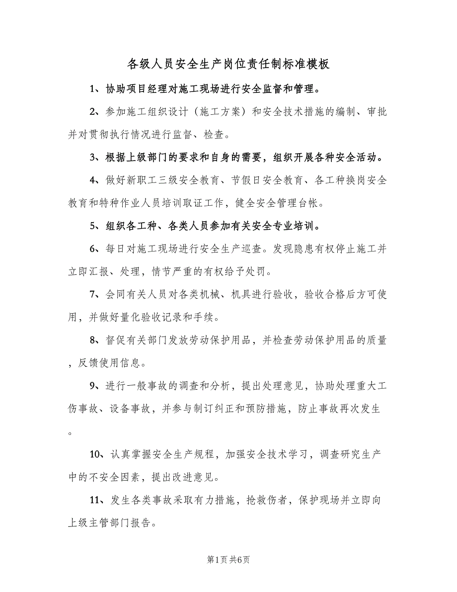 各级人员安全生产岗位责任制标准模板（六篇）_第1页