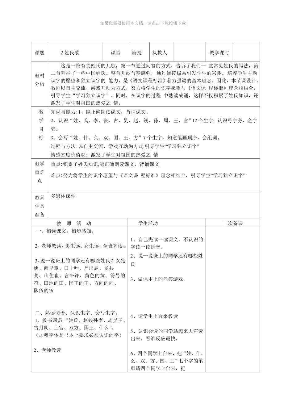 （推荐）最新部编版小学一年级语文下册教案(表格式)_第3页