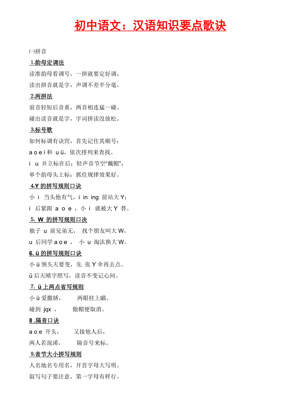 初中语文：汉语知识要点歌诀_第1页