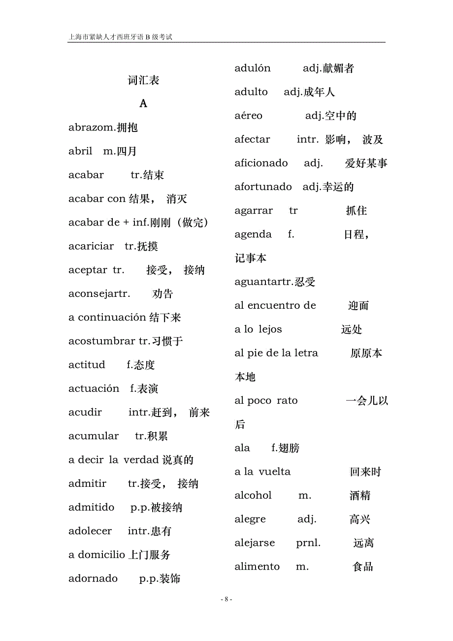 上海市紧缺人才西班牙语B级考试词汇_第1页