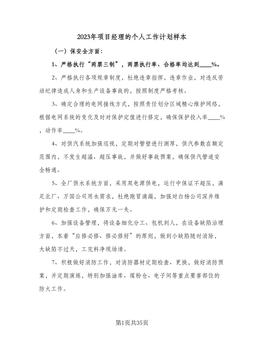 2023年项目经理的个人工作计划样本（9篇）_第1页