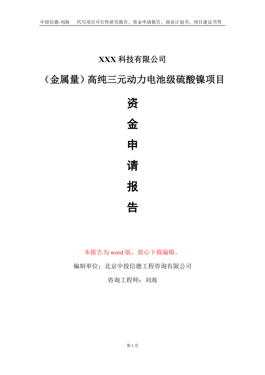 （金属量）高纯三元动力电池级硫酸镍项目资金申请报告写作模板_第1页