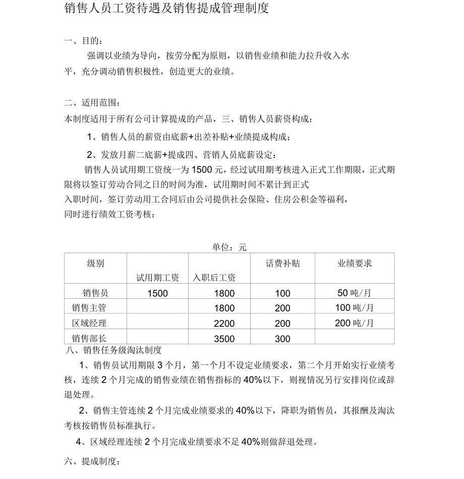 销售人员工资待遇及销售提成管理制度方案_第1页