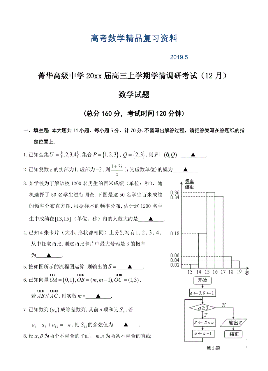 江苏省睢宁县菁华高级中学高三上学期学情调研考试12月数学试题含答案_第1页