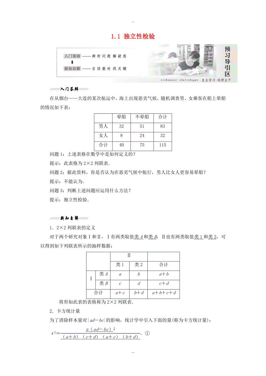 高中数学第1章统计案例1.1独立性检验学案苏教版选修1_第1页