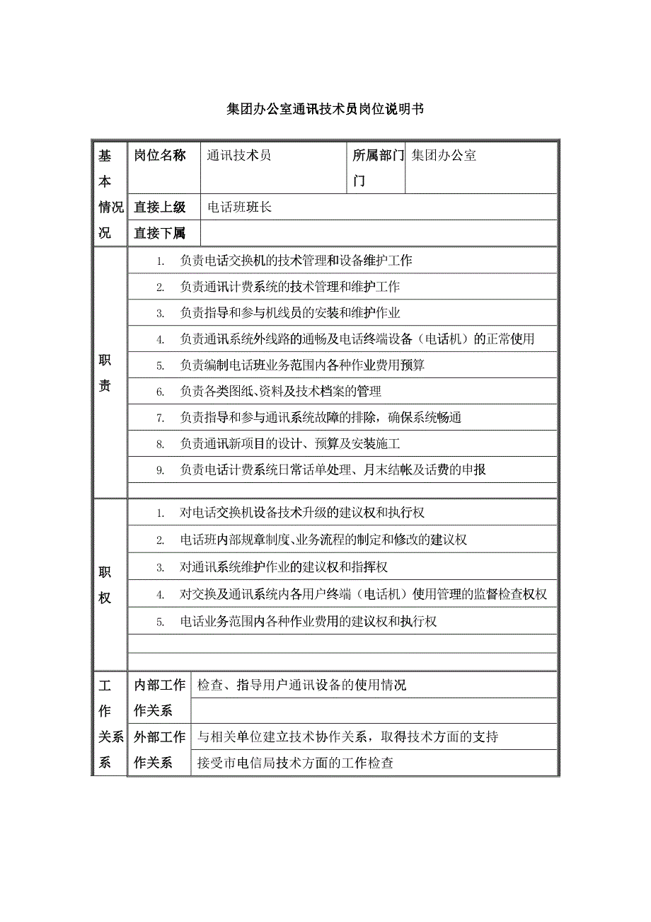 恒丰纸业集团办公室通讯技术员岗位说明书_第1页