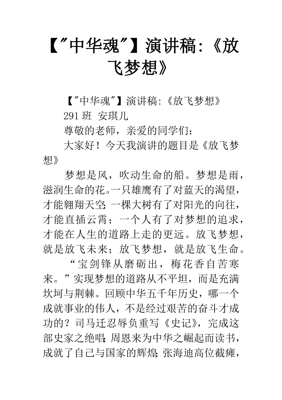 【-中华魂-】演讲稿-《放飞梦想》.docx_第1页