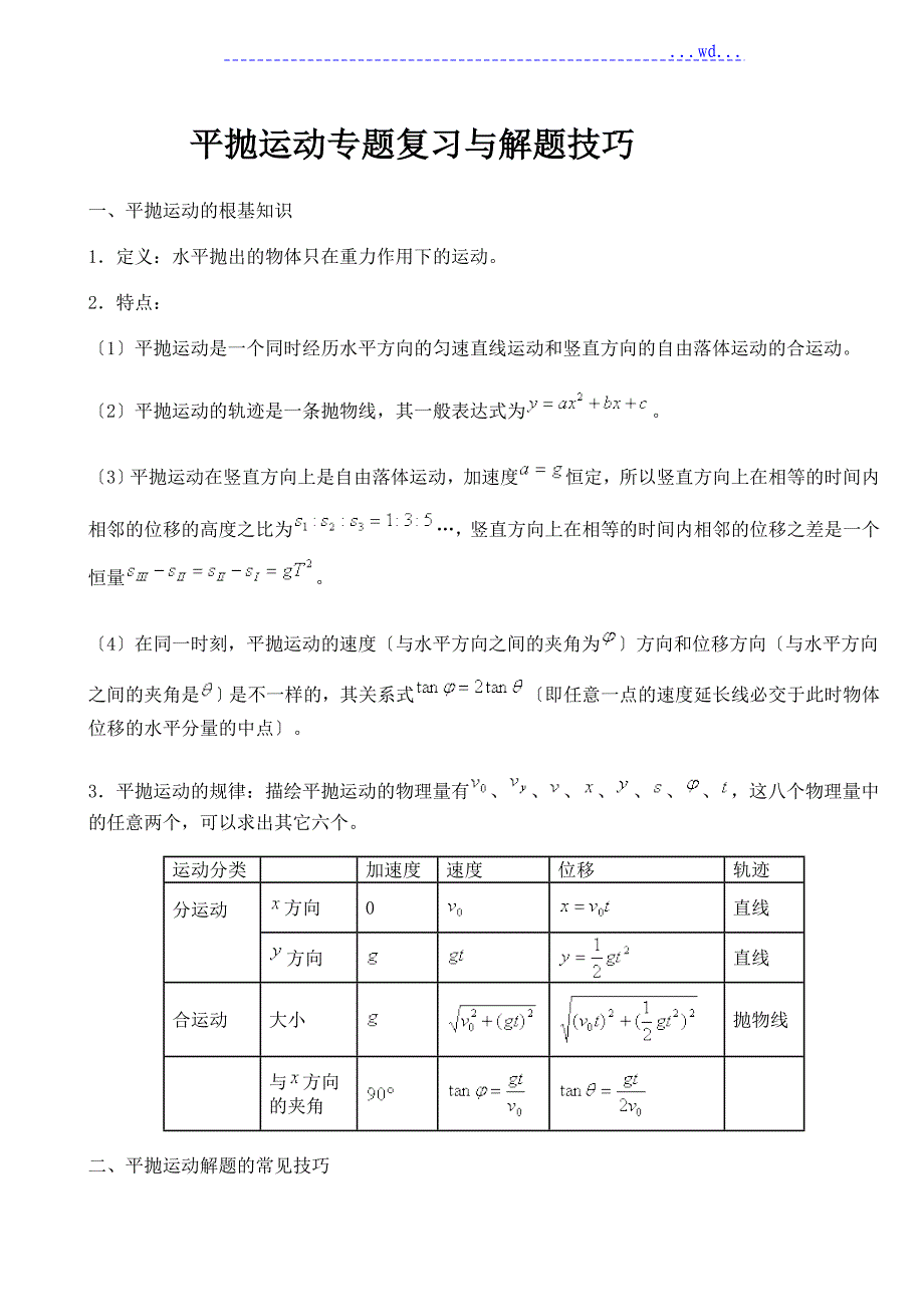 平抛运动专题复习和解题技巧_第1页