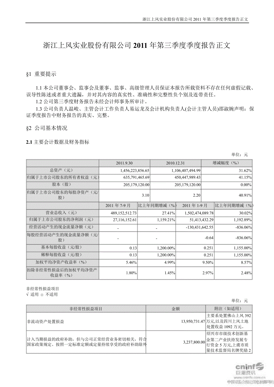 上风高科：第三季度报告正文_第1页