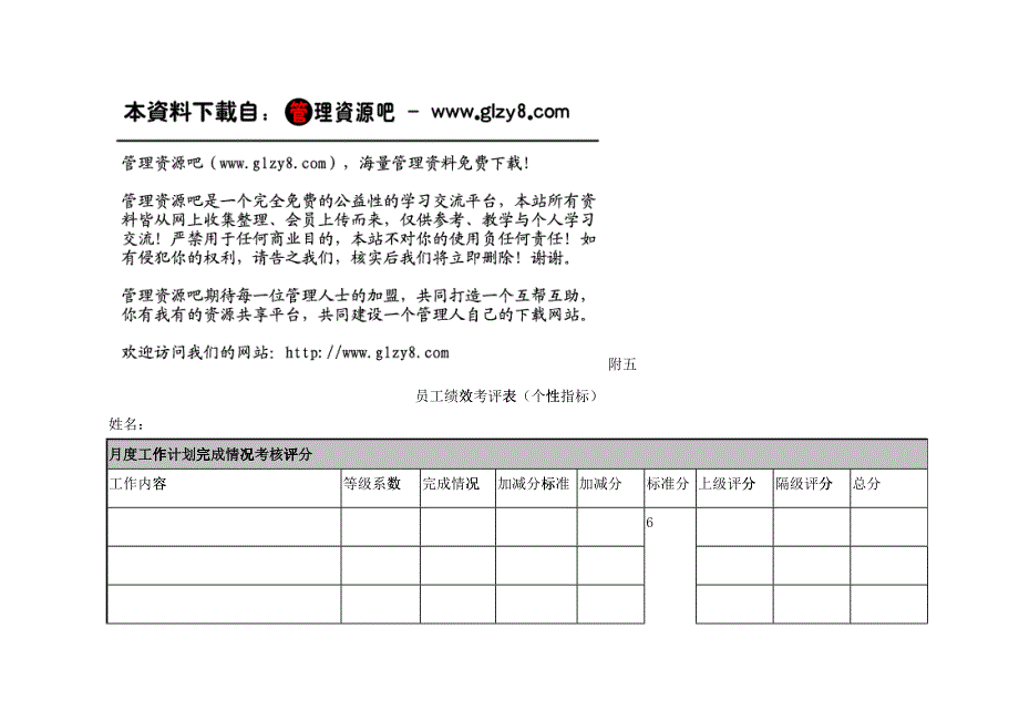 员工绩效考评表（个性指标）_第1页