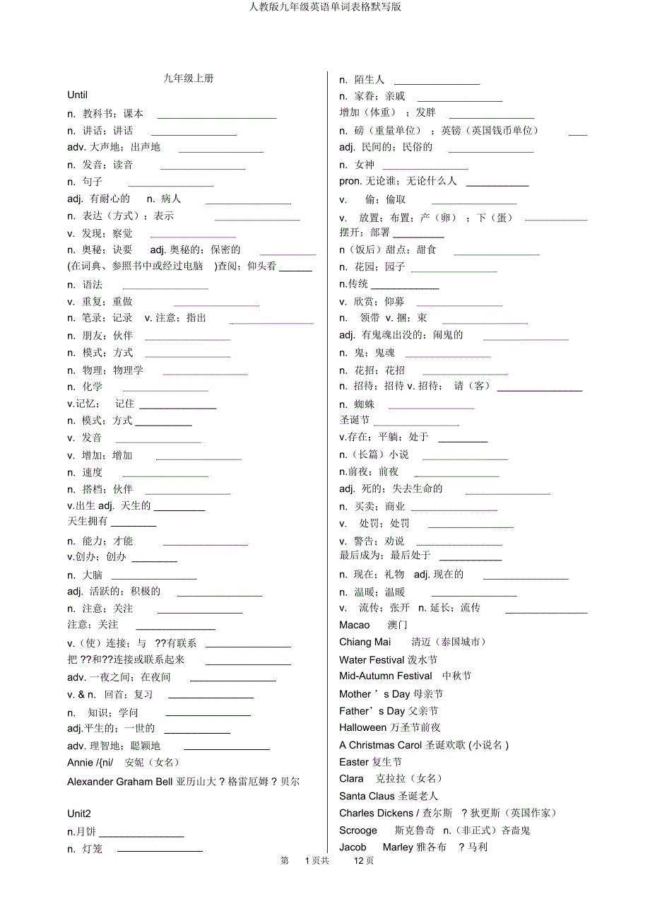 人教九年级英语单词表格默写.docx_第1页