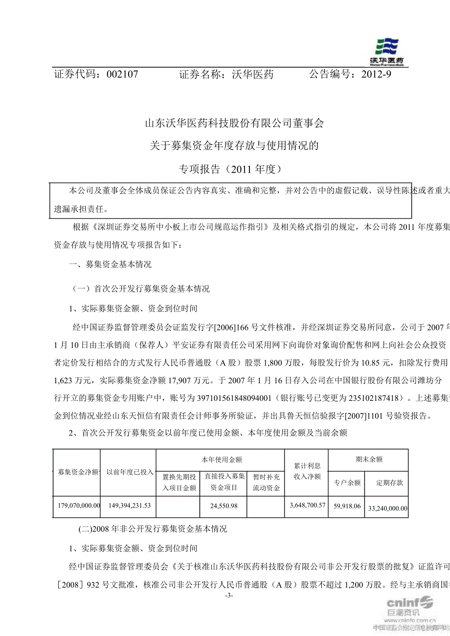 沃华医药董事会关于募集资金存放与使用情况的专项报告_第1页