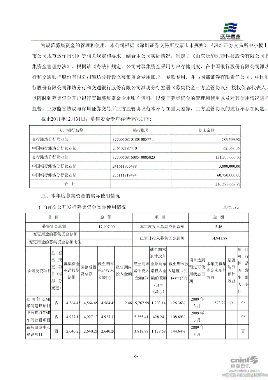 沃华医药董事会关于募集资金存放与使用情况的专项报告_第3页