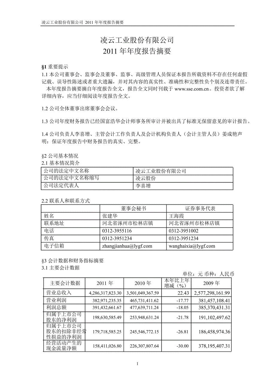 600480 凌云股份年报摘要_第1页