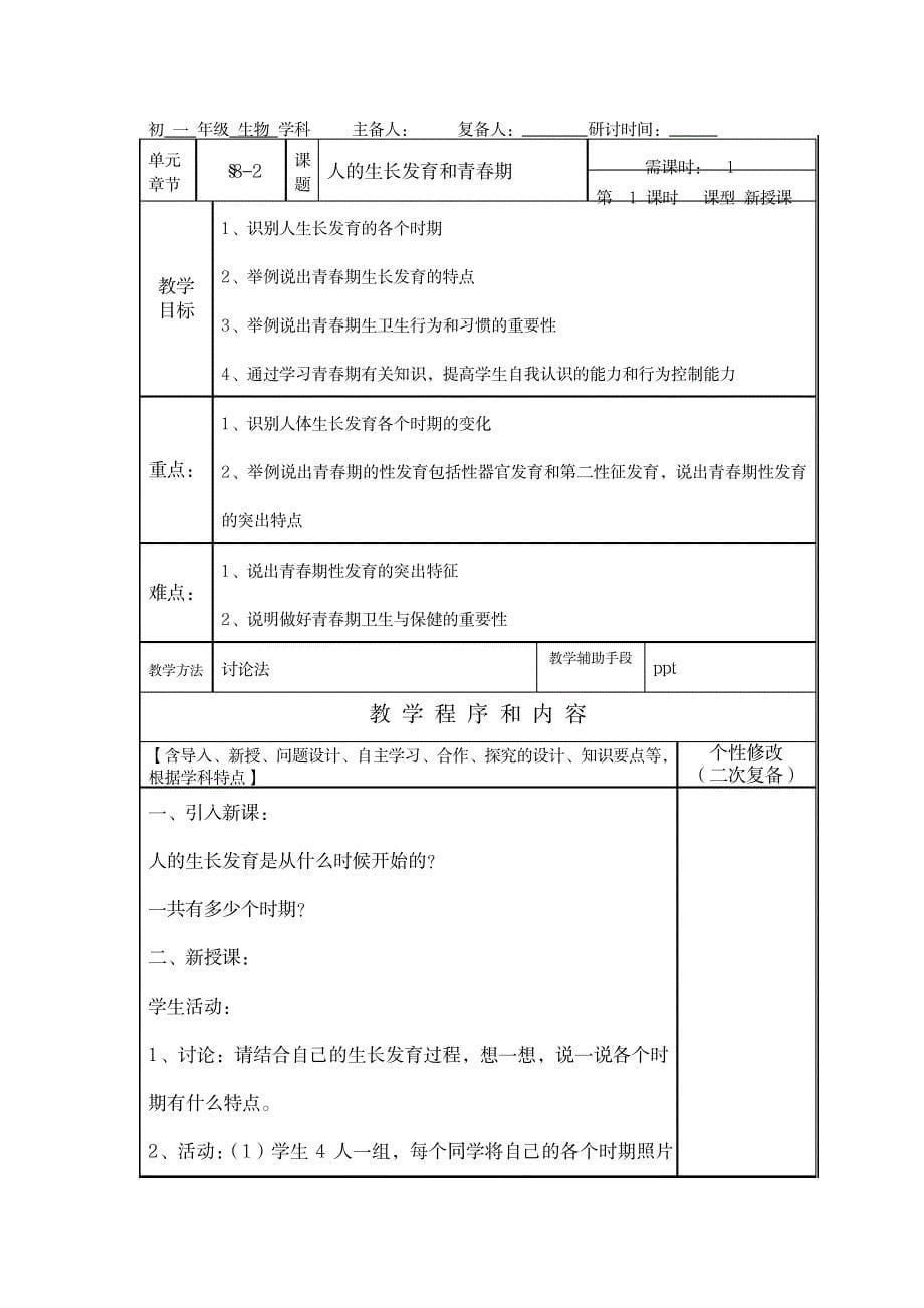 苏教版七年级下册全套集体备课22篇教案_小学教育-小学学案_第5页