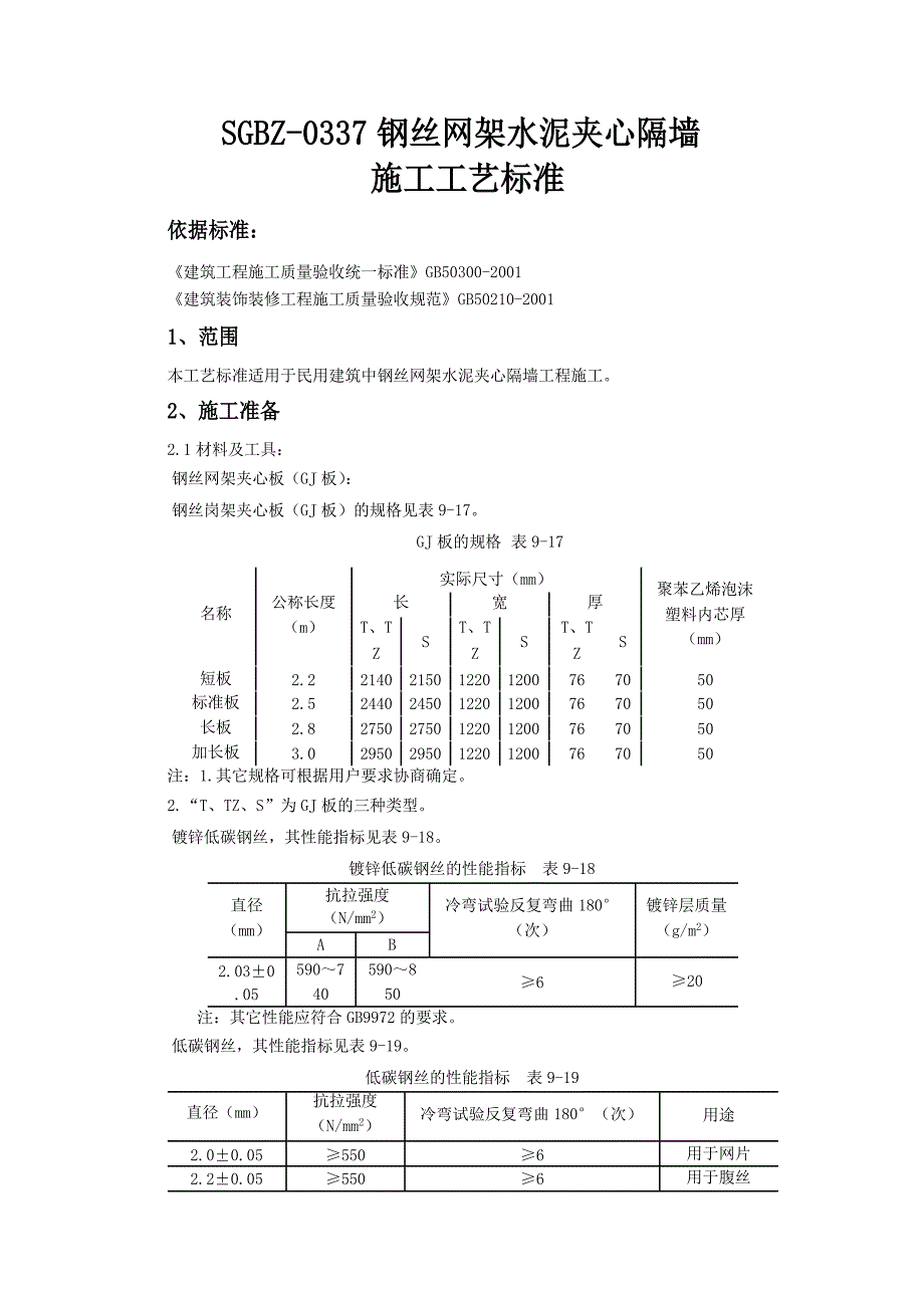 钢丝网架水泥夹心隔墙施工工艺标准_第1页