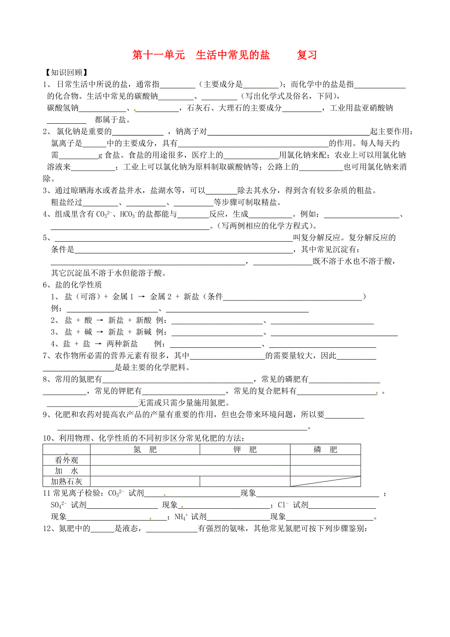 湖南省邵阳十中九年级化学下册第十一单元生活中常见的盐复习无答案人教新课标版_第1页