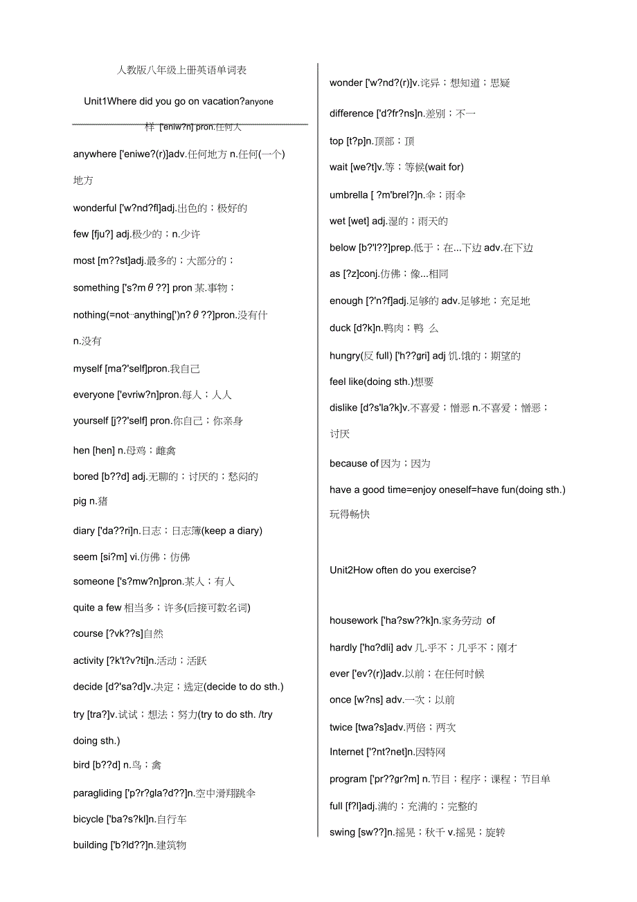 人教八年级上册英语单词表带音标词性.doc_第1页