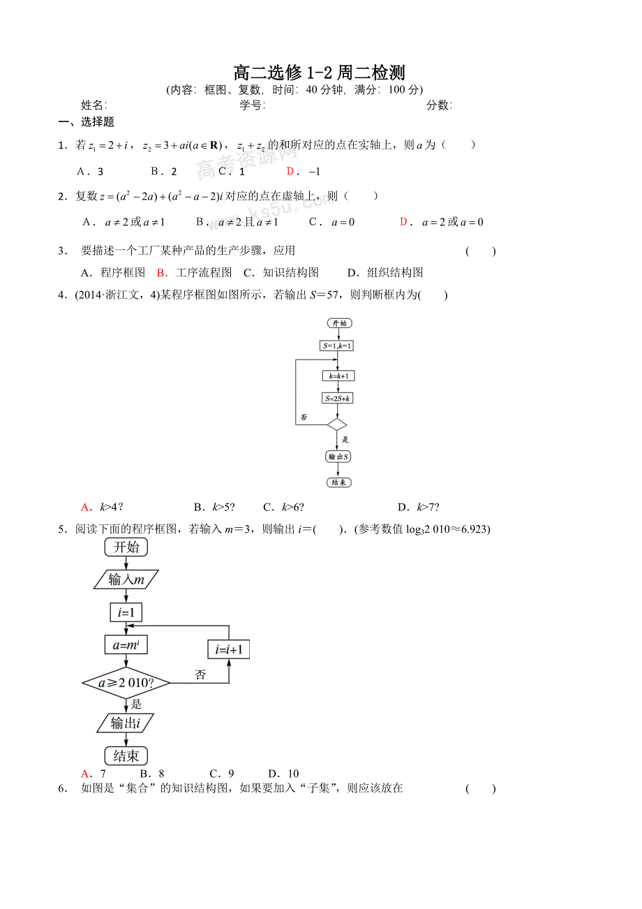 2013-2014学年高中数学(人教A版选修1-2)同步检测：第4章.doc_第1页