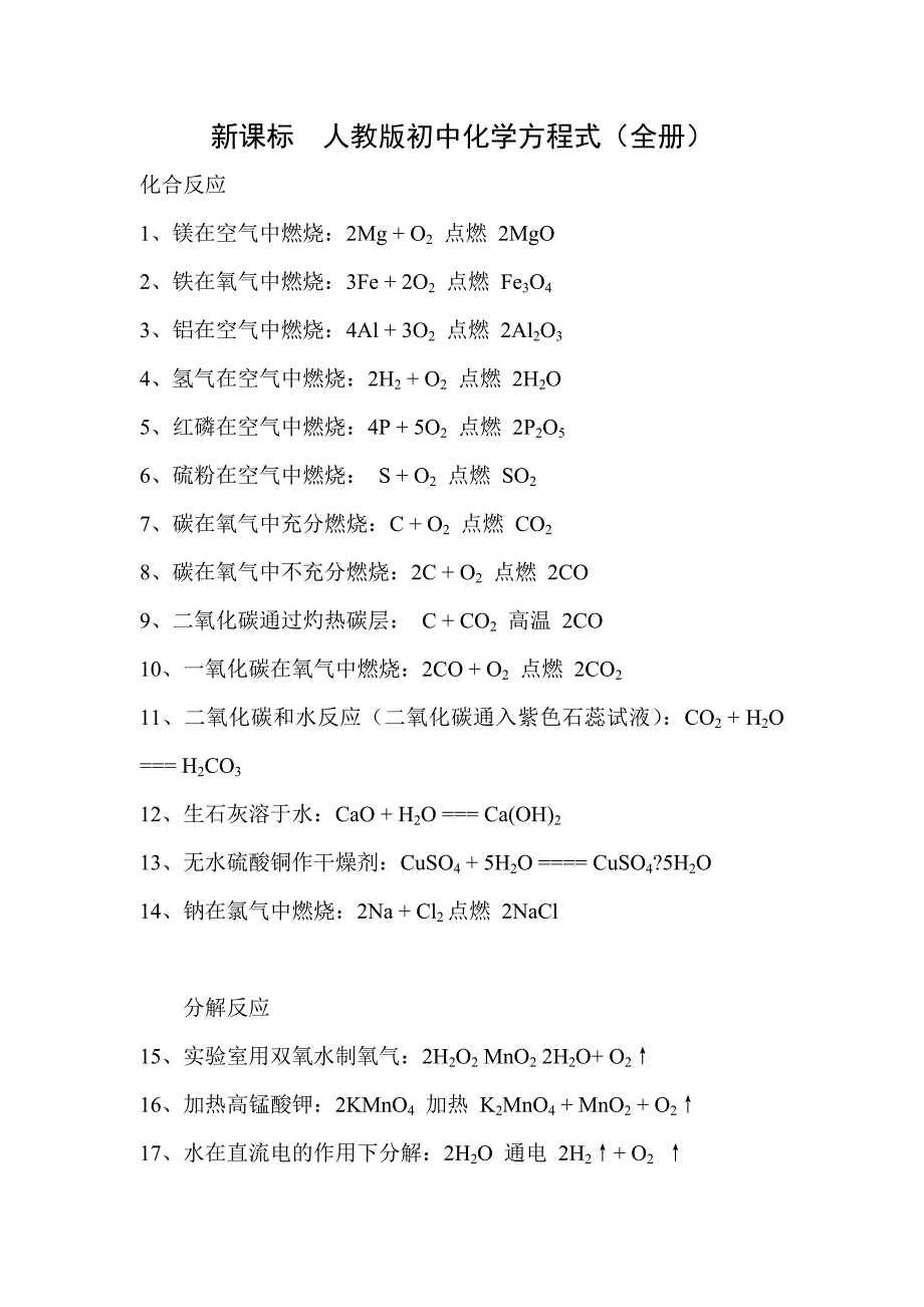 新人教版初中化学方程式（全册）_第1页