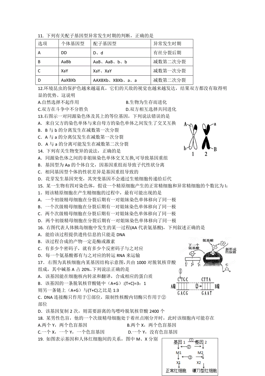 山东省文登市2014-2015学年高二生物上学期期末考试试题（答案不全）_第2页