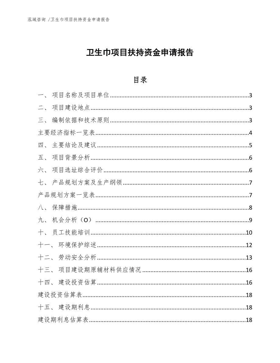 卫生巾项目扶持资金申请报告_第1页