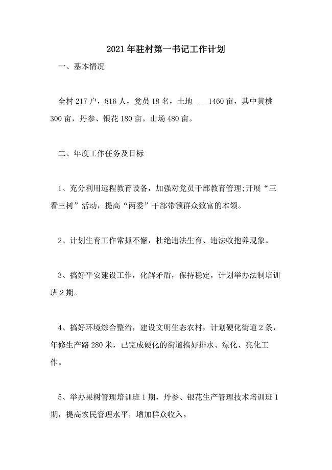 2021年驻村第一书记工作计划