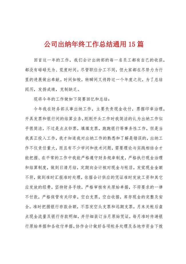 公司出纳年终工作总结通用15篇.docx