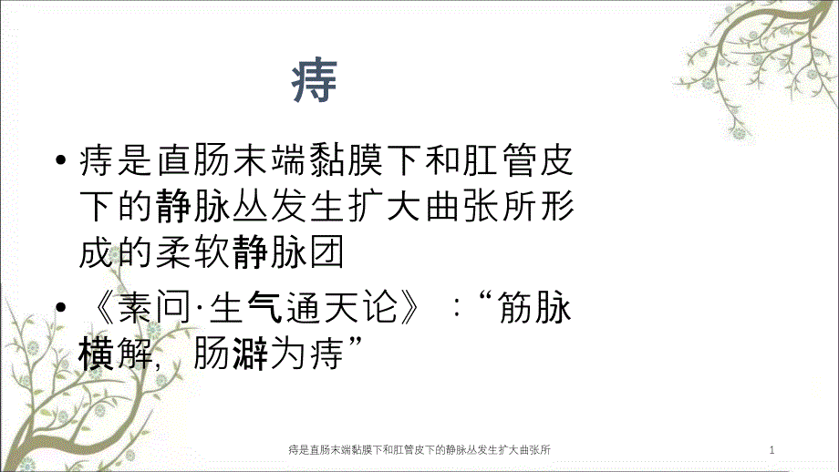 痔是直肠末端黏膜下和肛管皮下的静脉丛发生扩大曲张所课件_第1页