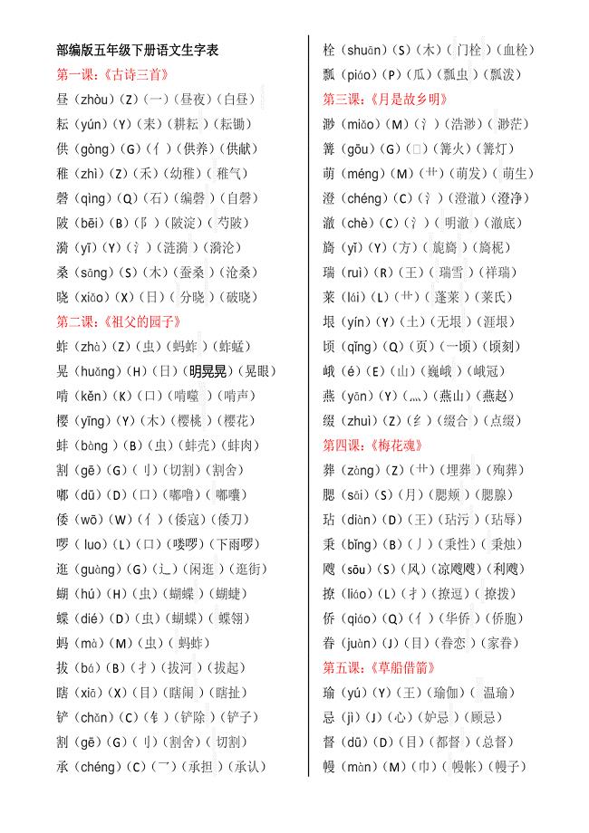 部编版五年级下册语文生字表