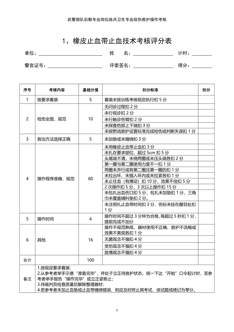战伤救护操作考核评分表.doc_第1页