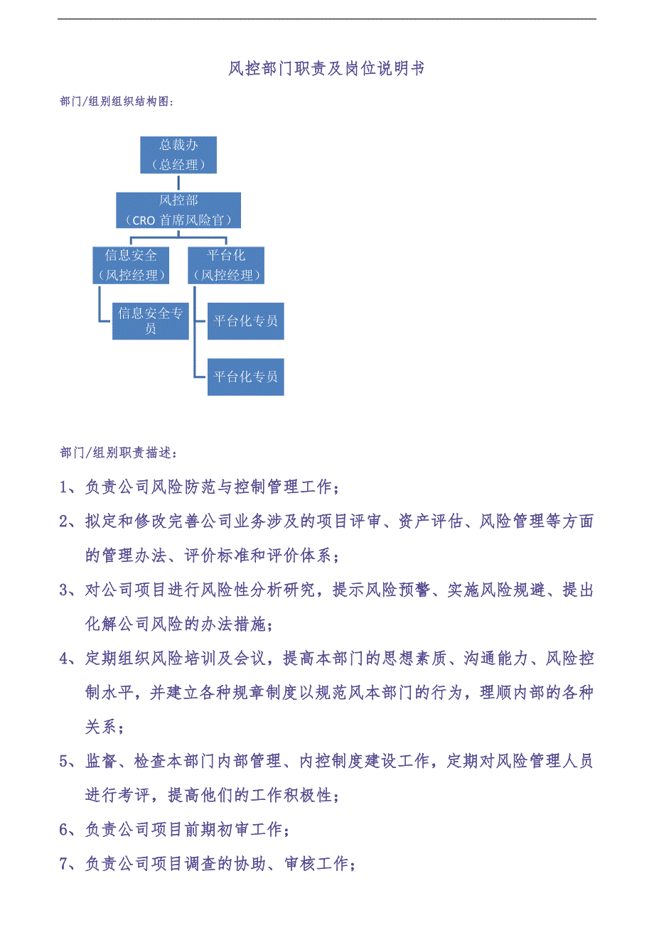 风控部门职责及风险首席官岗位说明书（天选打工人）.docx_第1页