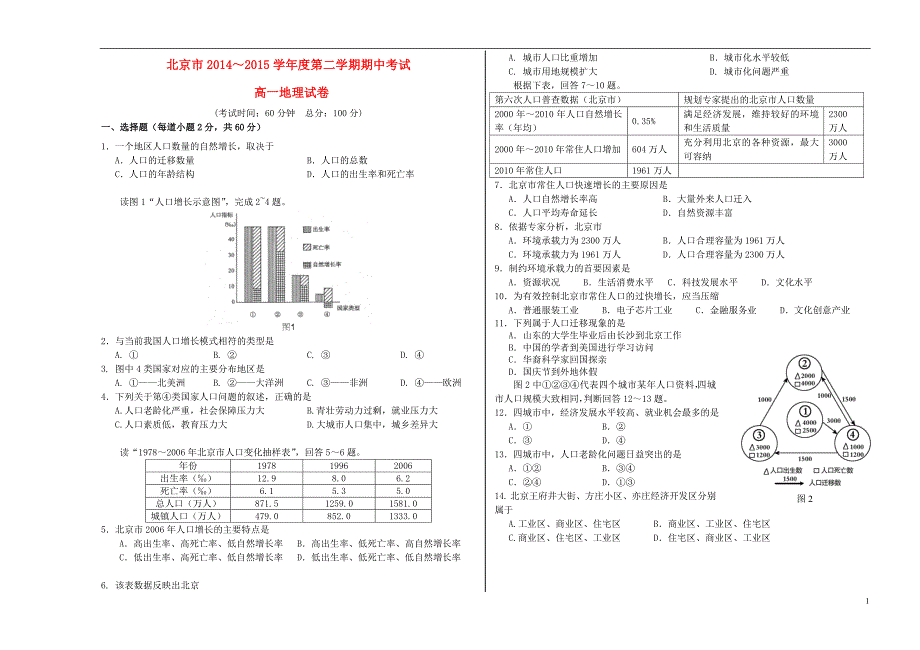 北京市重点中学高一地理下学期期中试卷.doc_第1页