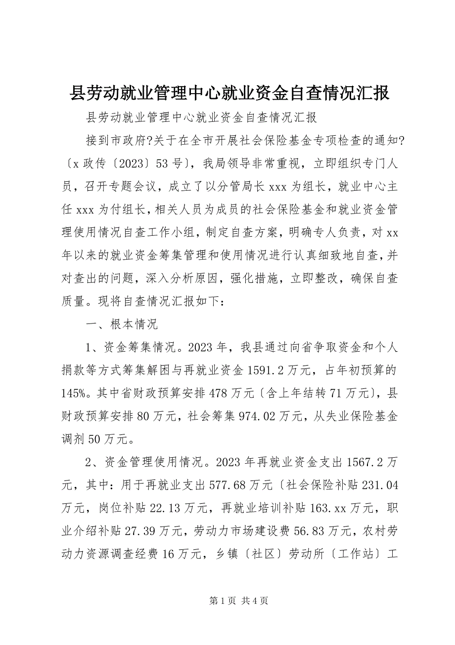 2023年县劳动就业管理中心就业资金自查情况汇报.docx_第1页