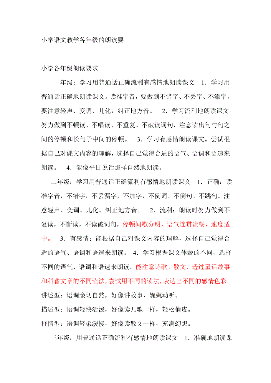 小学朗读教学各年级要求.doc_第1页