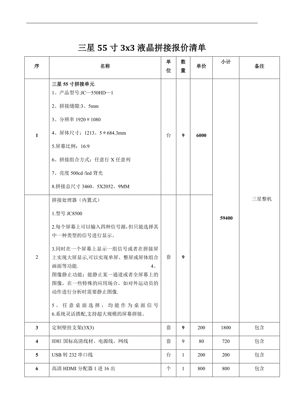 三星55寸拼缝3.5毫米3X3拼接屏报价方案.doc_第1页