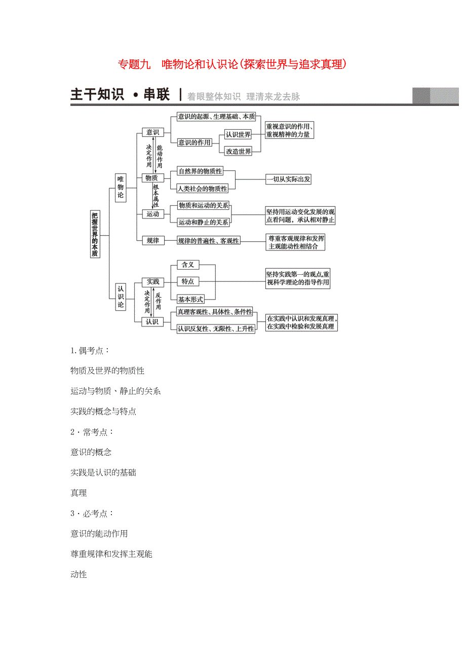 高三政治二轮复习 第1部分 专题9 唯物论和认识论（探索世界与追求真理）-人教高三政治试题_第1页