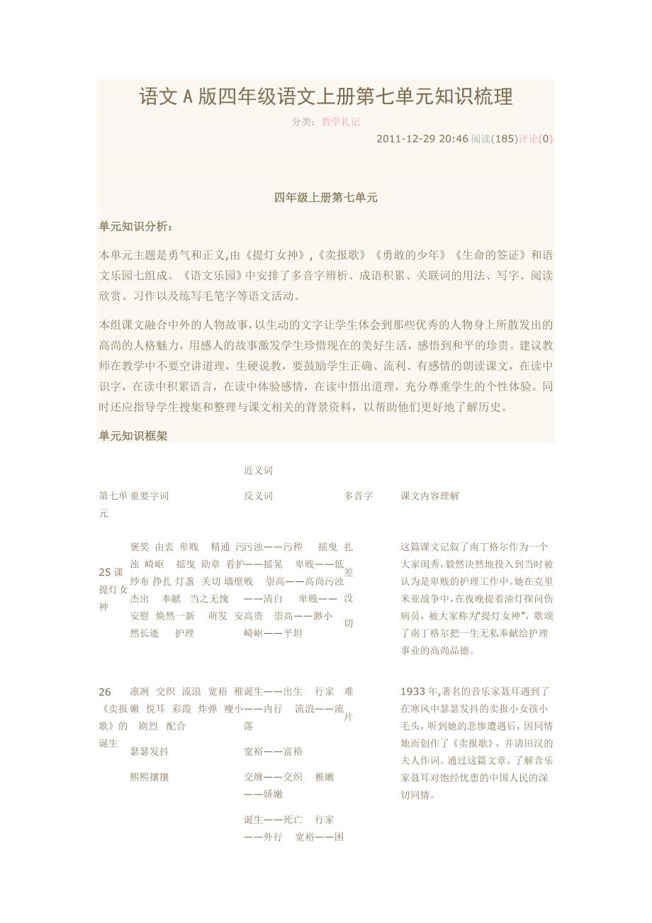 语文A版四年级语文上册第七单元知识梳理.doc_第1页