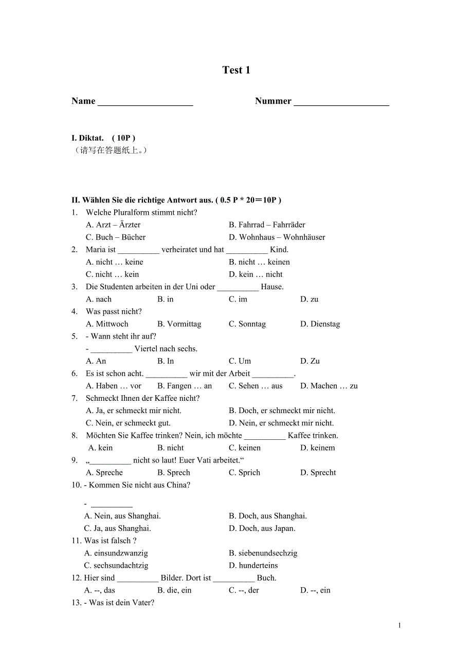 德语初级试题Test 1.doc_第1页