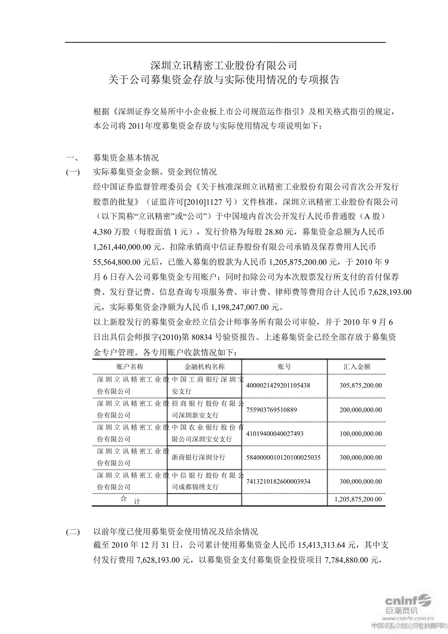 立讯精密：关于公司募集资金存放与实际使用情况的专项报告_第1页