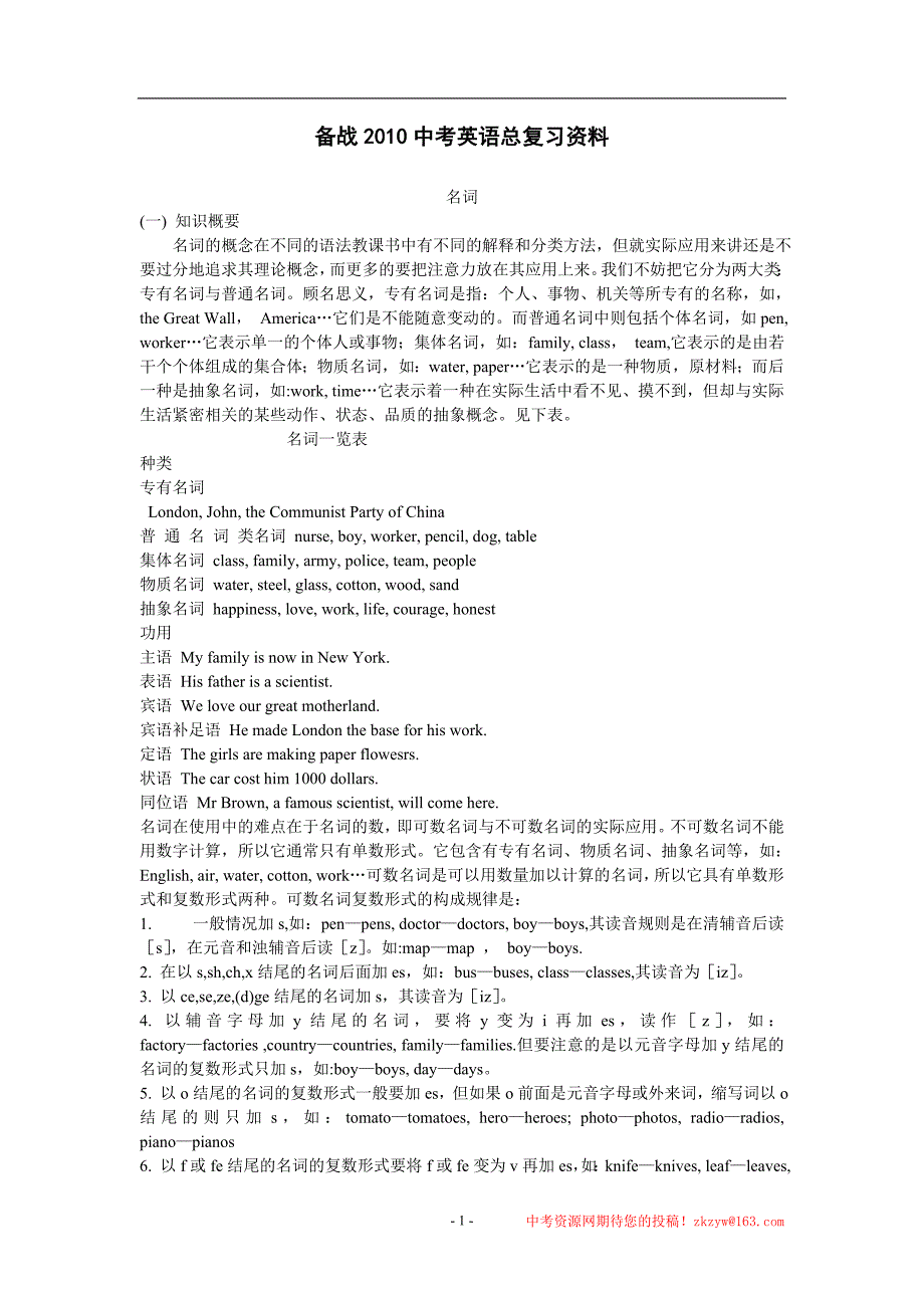 备战2010中考英语总复习资料——名词.doc_第1页