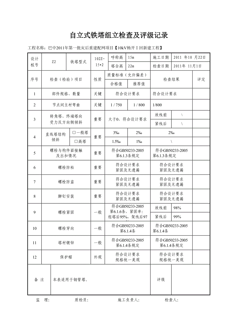 线塔 自立式铁塔组立检查及评级记录表（天选打工人）.docx_第2页