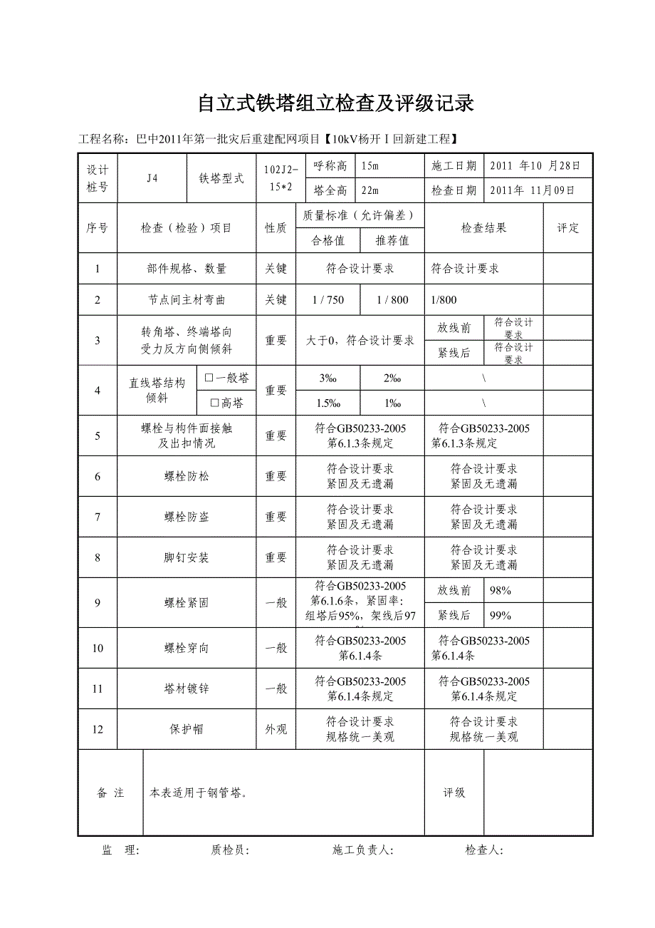 线塔 自立式铁塔组立检查及评级记录表（天选打工人）.docx_第4页