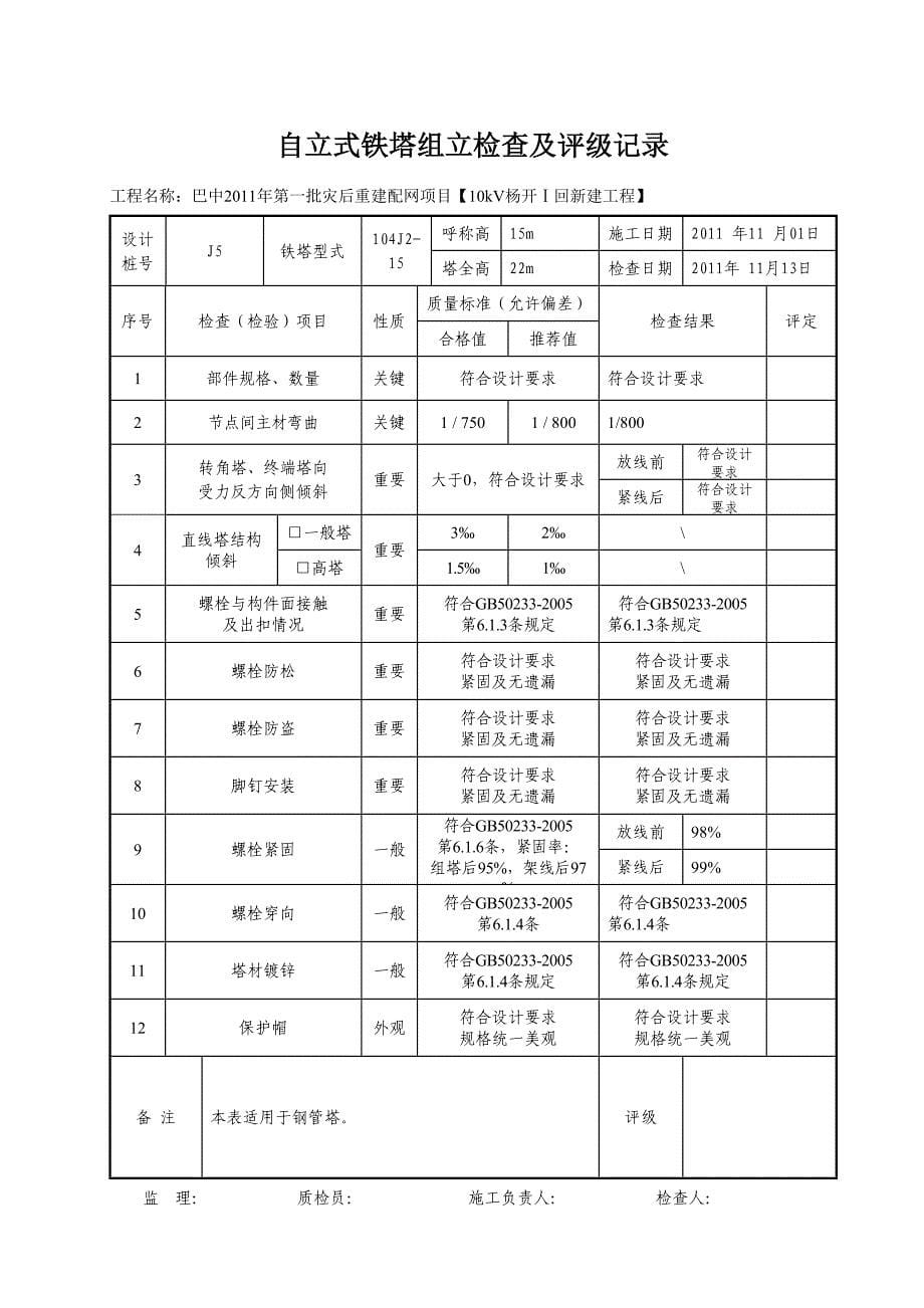 线塔 自立式铁塔组立检查及评级记录表（天选打工人）.docx_第5页