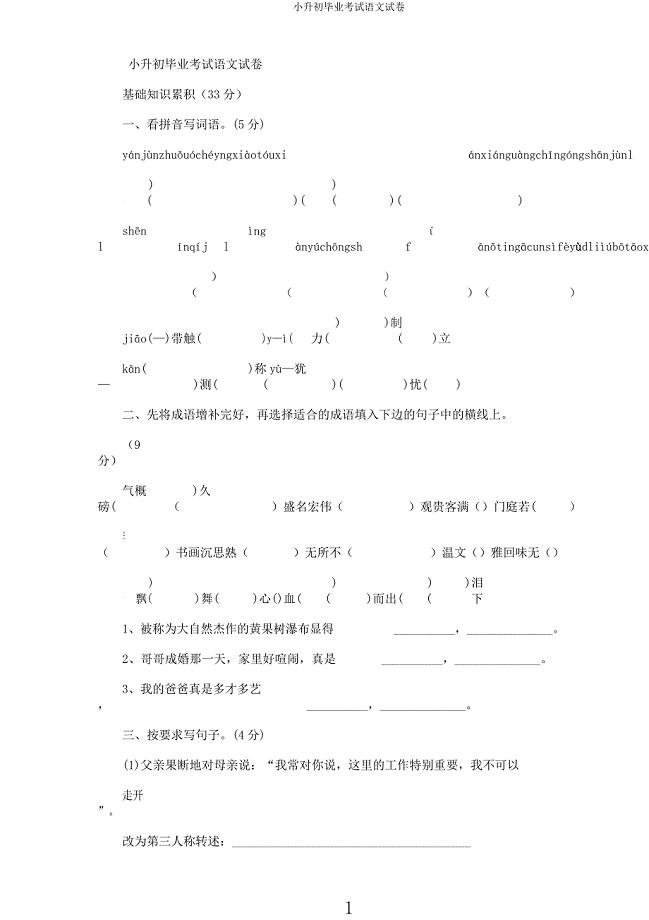 小升初毕业考试语文试卷.docx