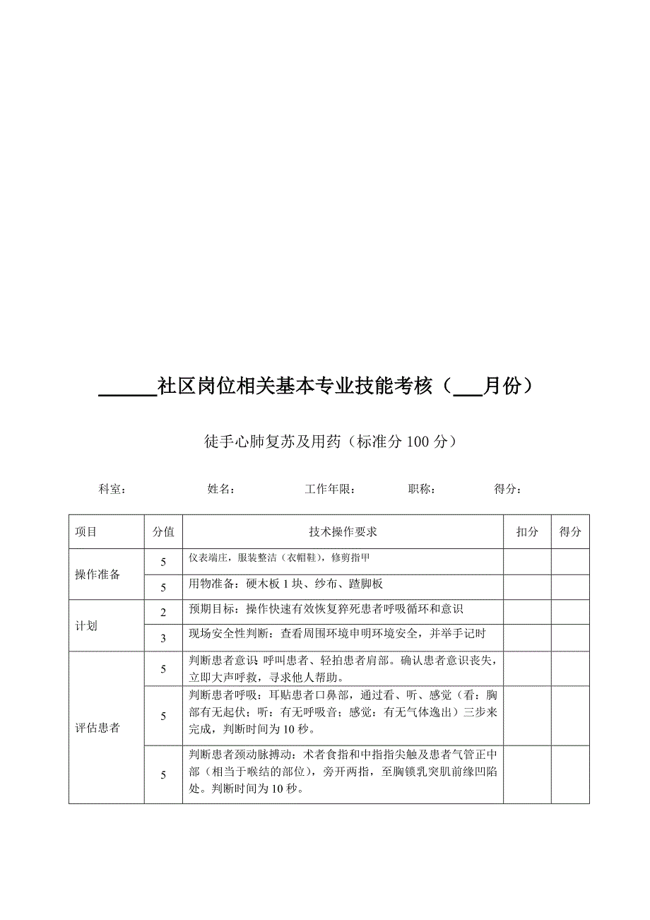 徒手心肺复苏及用药社区专业技能考核.doc_第1页