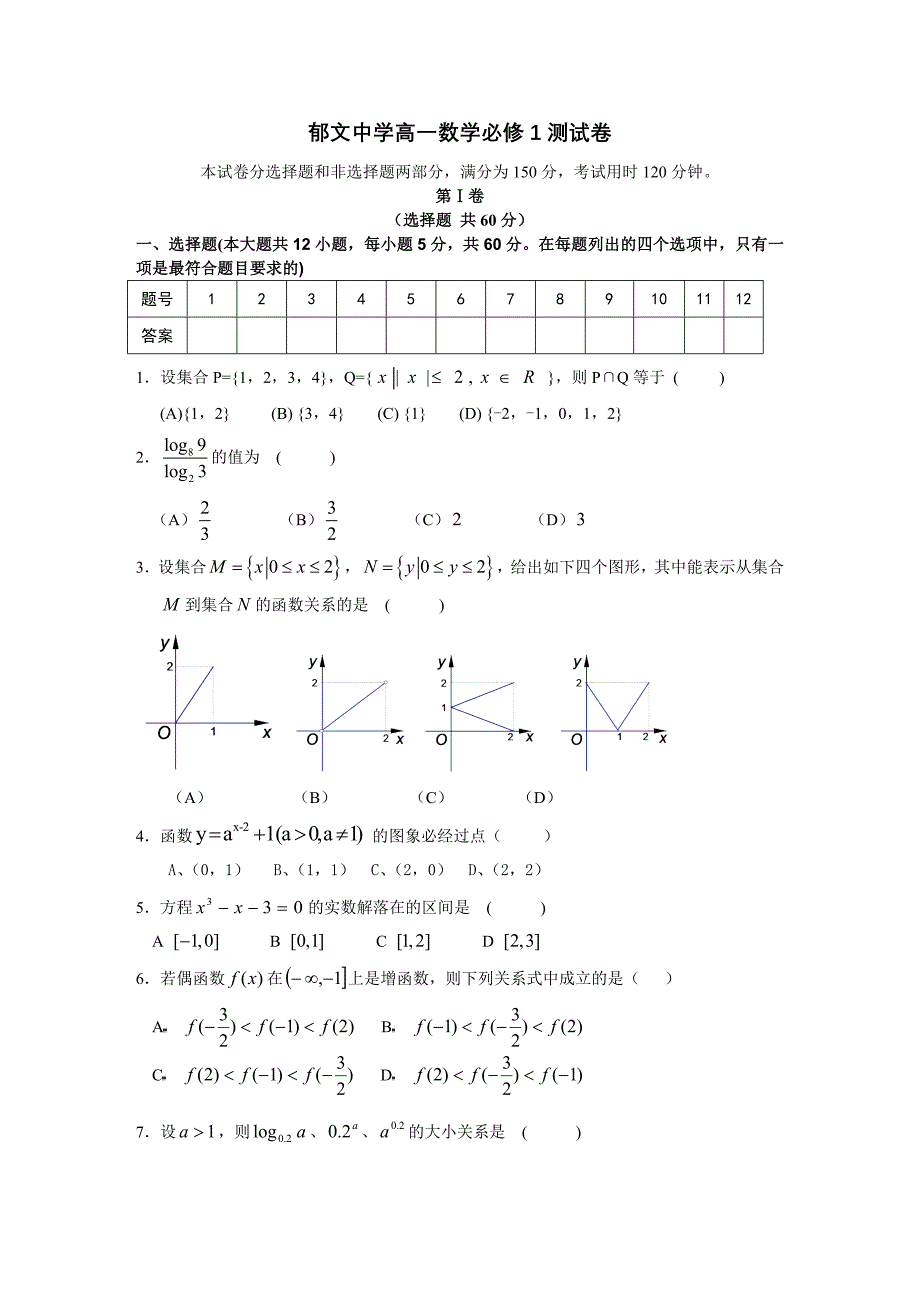 郁文中学高一数学必修1测试卷.doc_第1页