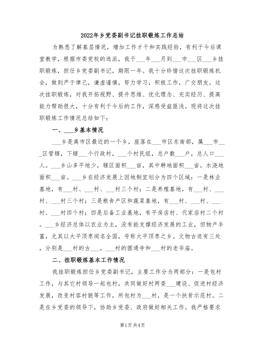 2022年乡党委副书记挂职锻炼工作总结_第1页