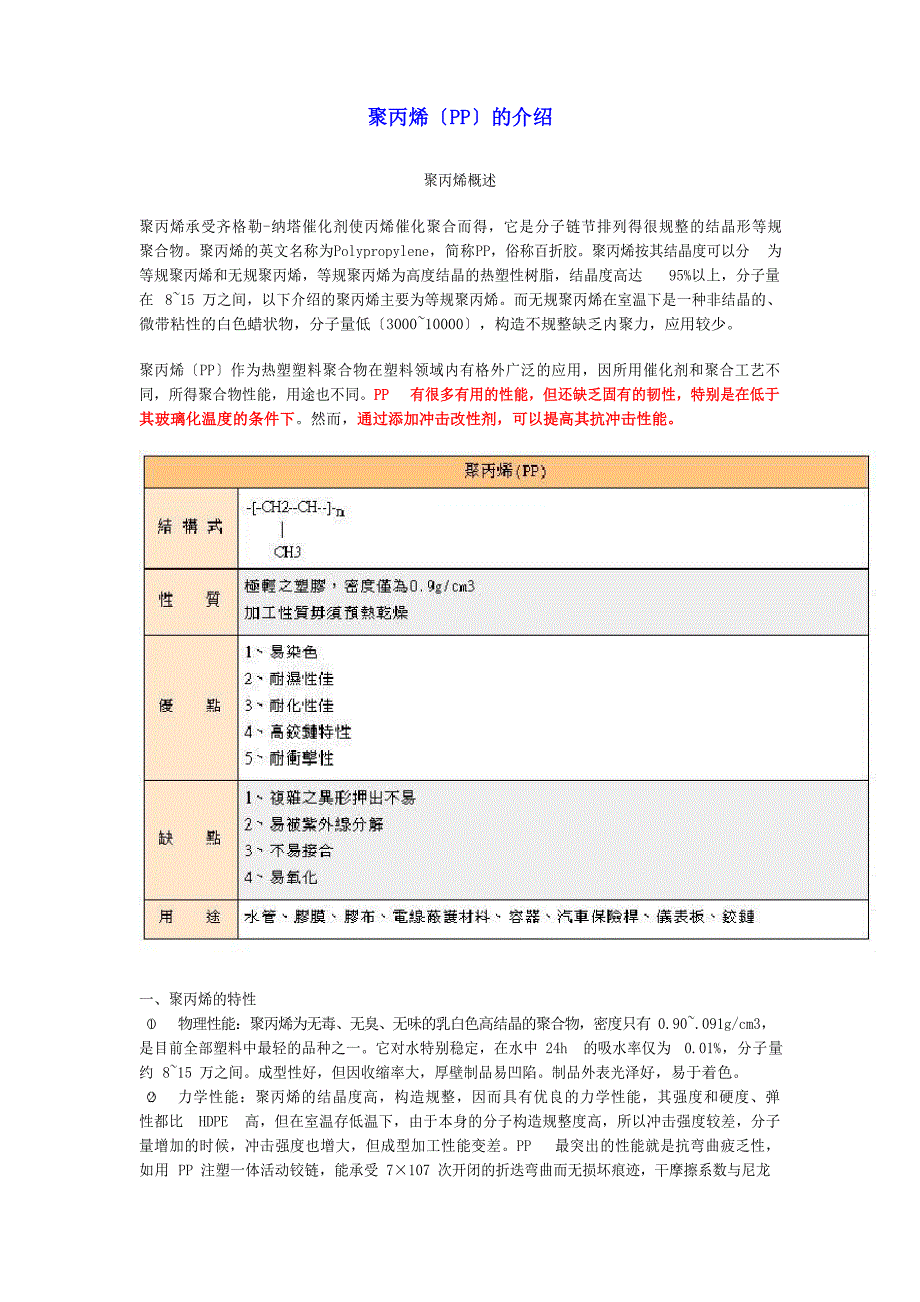 塑料材料聚丙烯(PP)的基本物理化学特性及典型应用介绍_第1页