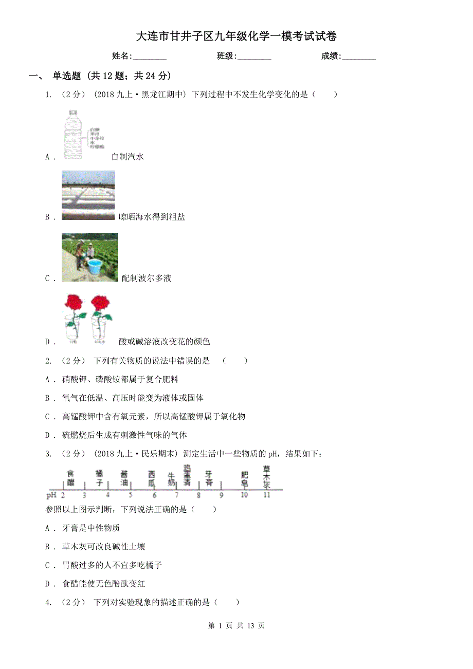 大连市甘井子区九年级化学一模考试试卷_第1页